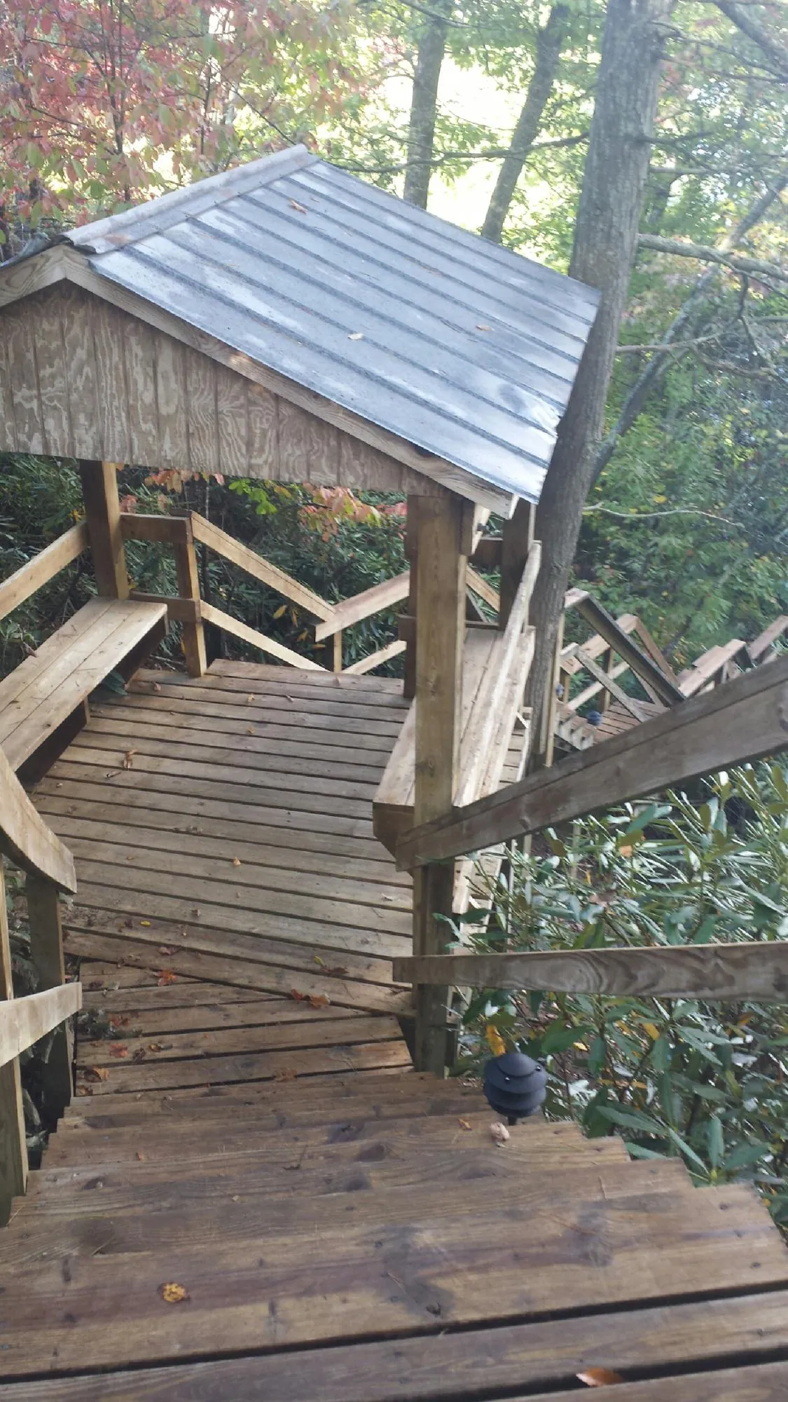 Metal roofed shelter over wooden steps on a wooded walkway — Skylight Repair & Installation work by our crew in Bloomingdale